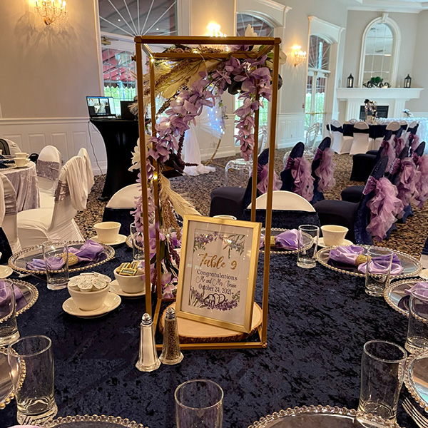 Purple decorated table for a wedding
