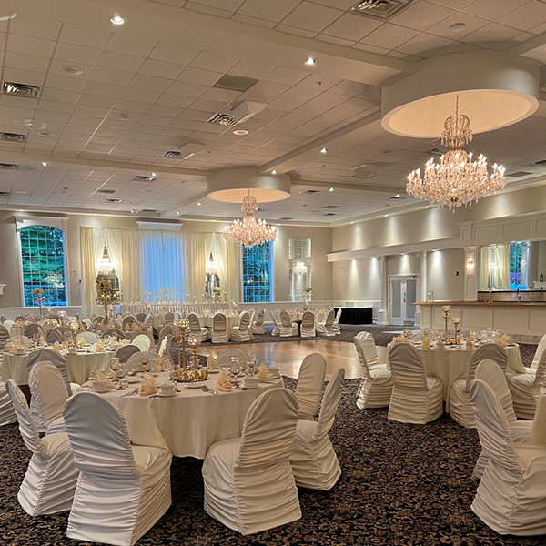 Large formal banquet hall with elegant chandeliers