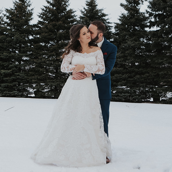 Bride and groom at their winter wedding
