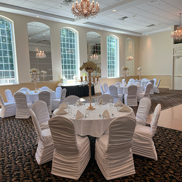 Banquet hall with natural light coming through large windows