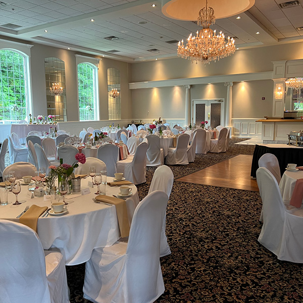 Banquet hall decorated for a wedding